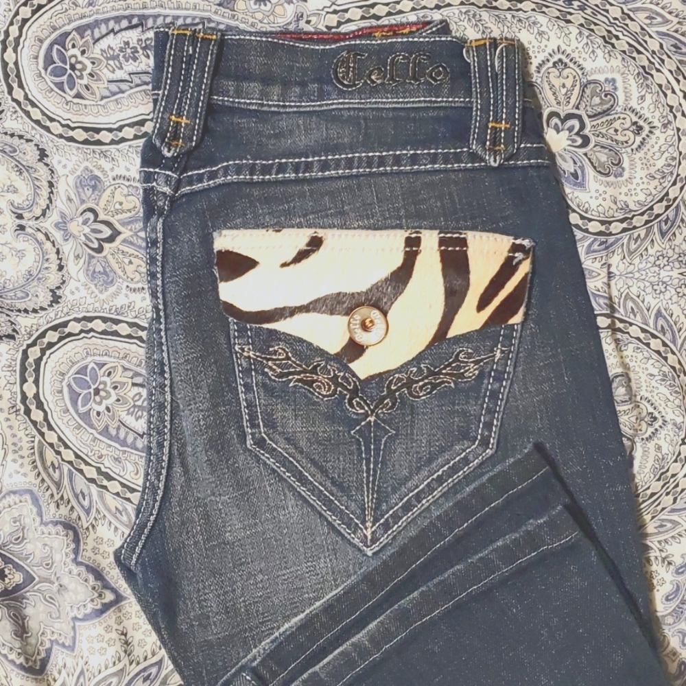 Cello zebra pocket boot cut jeans